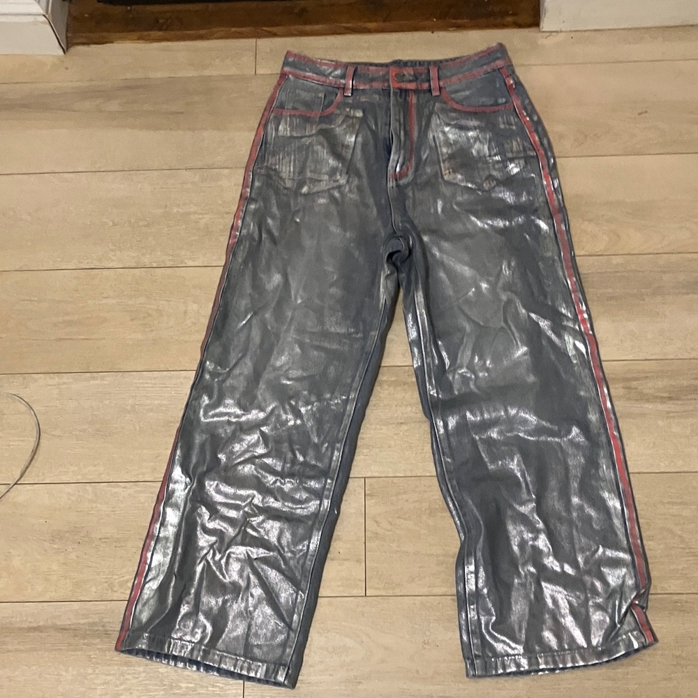 Metallic Silver Flare Jeans with Pink Accents